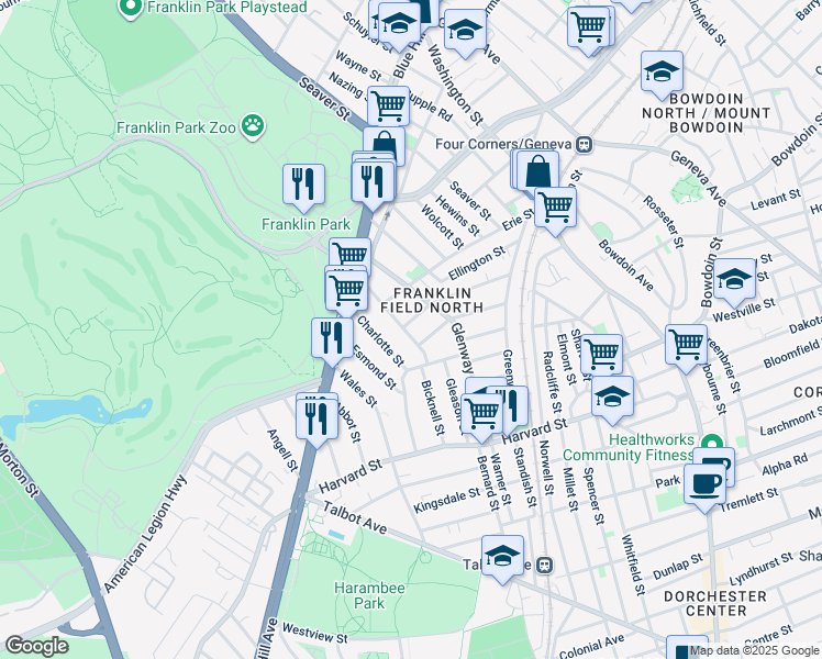 map of restaurants, bars, coffee shops, grocery stores, and more near 13 Fowler Street in Boston