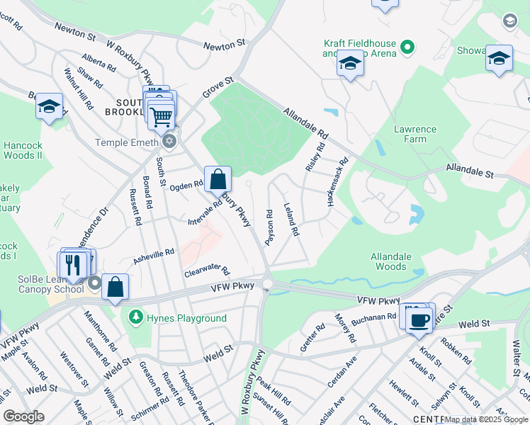 map of restaurants, bars, coffee shops, grocery stores, and more near 31 Baker Circle in Brookline