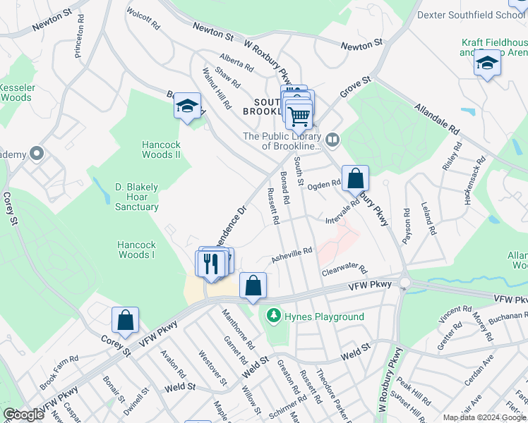 map of restaurants, bars, coffee shops, grocery stores, and more near 358 Russett Road in Brookline