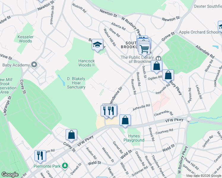 map of restaurants, bars, coffee shops, grocery stores, and more near 54 Gerry Road in Brookline