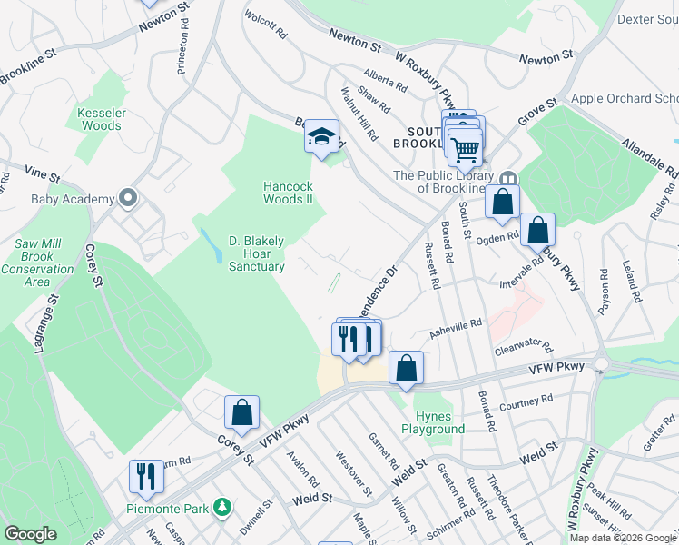 map of restaurants, bars, coffee shops, grocery stores, and more near 53 Gerry Road in Brookline