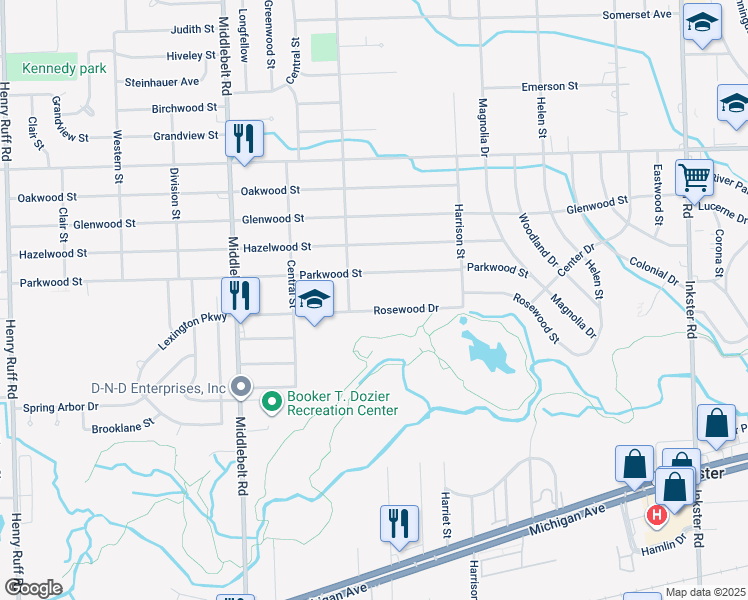 map of restaurants, bars, coffee shops, grocery stores, and more near 28589 Parkwood Street in Inkster