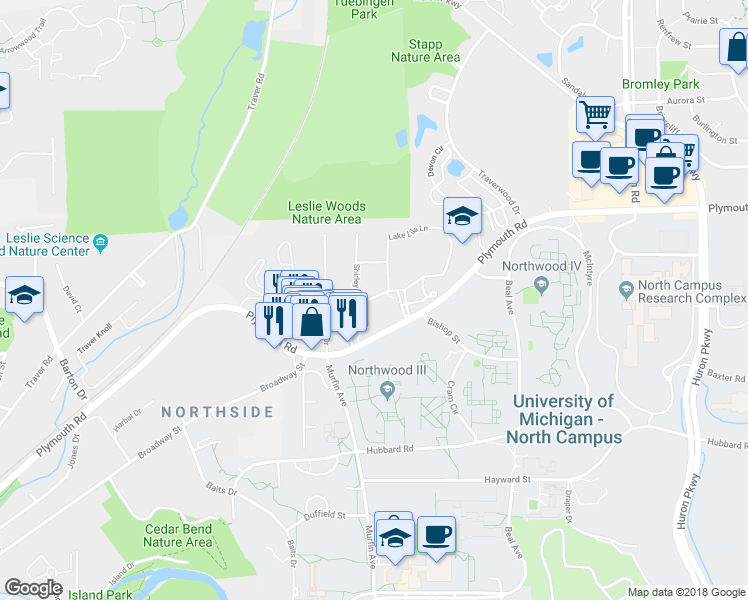map of restaurants, bars, coffee shops, grocery stores, and more near 1833 Lake Lila Drive in Ann Arbor