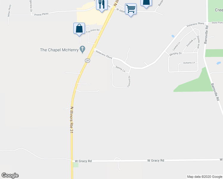 map of restaurants, bars, coffee shops, grocery stores, and more near 2018 Concord Drive in McHenry