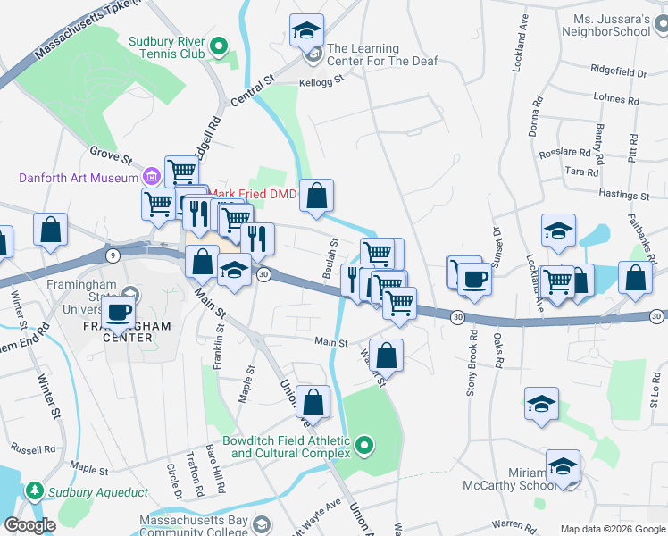 map of restaurants, bars, coffee shops, grocery stores, and more near 43 Beulah Street in Framingham