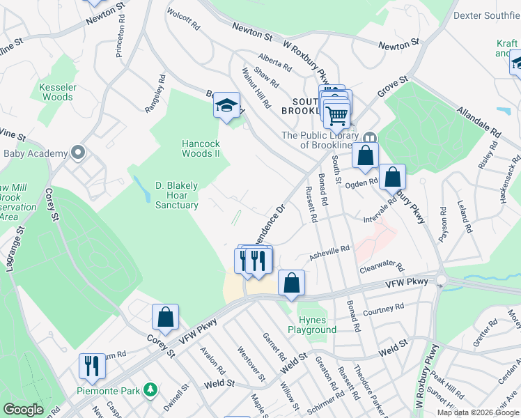 map of restaurants, bars, coffee shops, grocery stores, and more near 17 Sherman Road in Brookline
