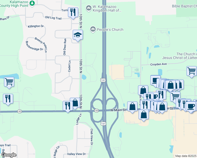 map of restaurants, bars, coffee shops, grocery stores, and more near 1246 South Village Circle in Kalamazoo