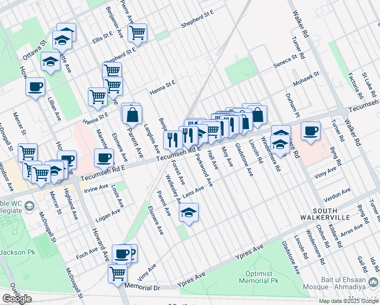 map of restaurants, bars, coffee shops, grocery stores, and more near 1181 Tecumseh Road East in Windsor