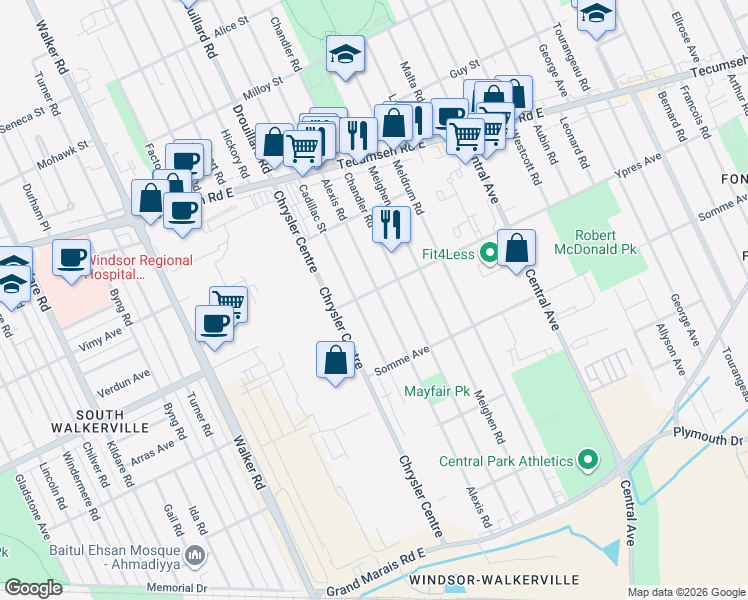 map of restaurants, bars, coffee shops, grocery stores, and more near 2397 Alexis Road in Windsor