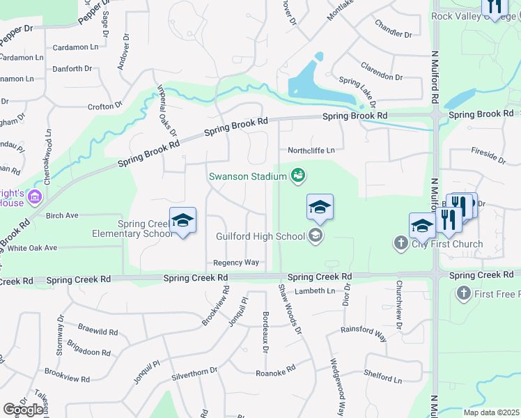 map of restaurants, bars, coffee shops, grocery stores, and more near 2733 Bordeaux Drive in Rockford