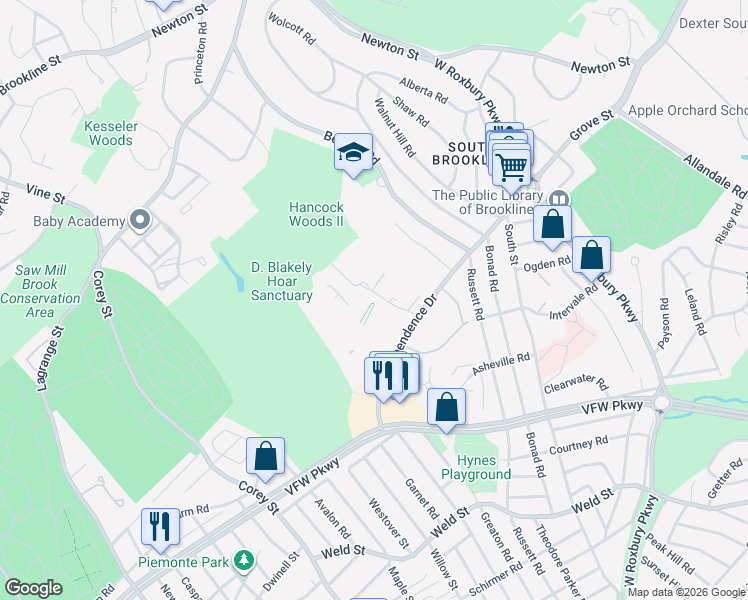 map of restaurants, bars, coffee shops, grocery stores, and more near 53 Gerry Road in Brookline