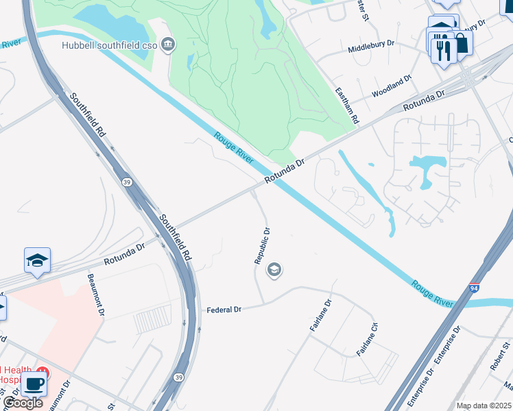 map of restaurants, bars, coffee shops, grocery stores, and more near 222 Republic Drive in Allen Park