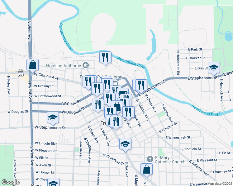 map of restaurants, bars, coffee shops, grocery stores, and more near 11-15 East Douglas Street in Freeport