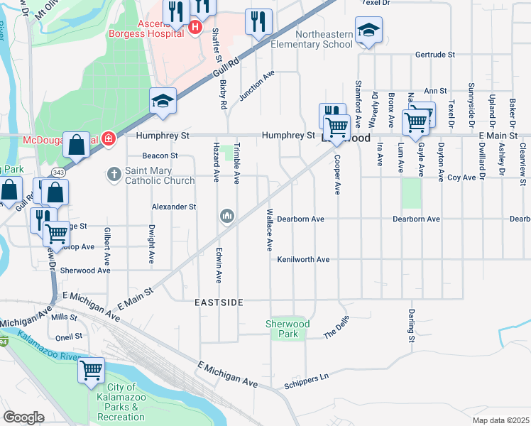 map of restaurants, bars, coffee shops, grocery stores, and more near 822 Wallace Avenue in Kalamazoo