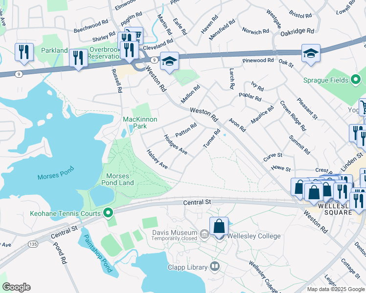 map of restaurants, bars, coffee shops, grocery stores, and more near 19 Marshall Road in Wellesley