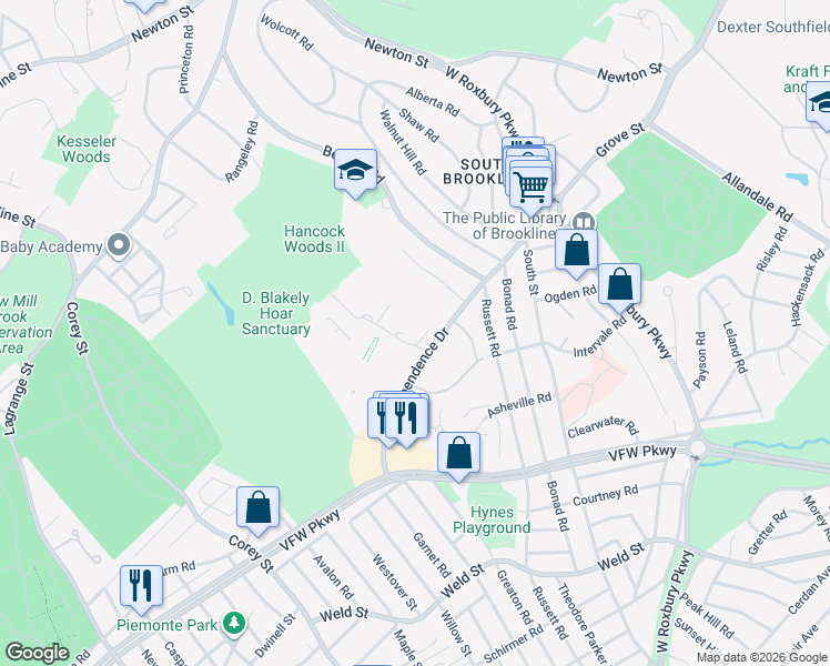 map of restaurants, bars, coffee shops, grocery stores, and more near 54 Gerry Road in Brookline