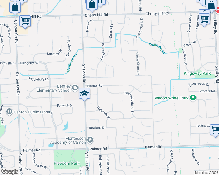map of restaurants, bars, coffee shops, grocery stores, and more near 43998 Fredericksburg Street in Canton