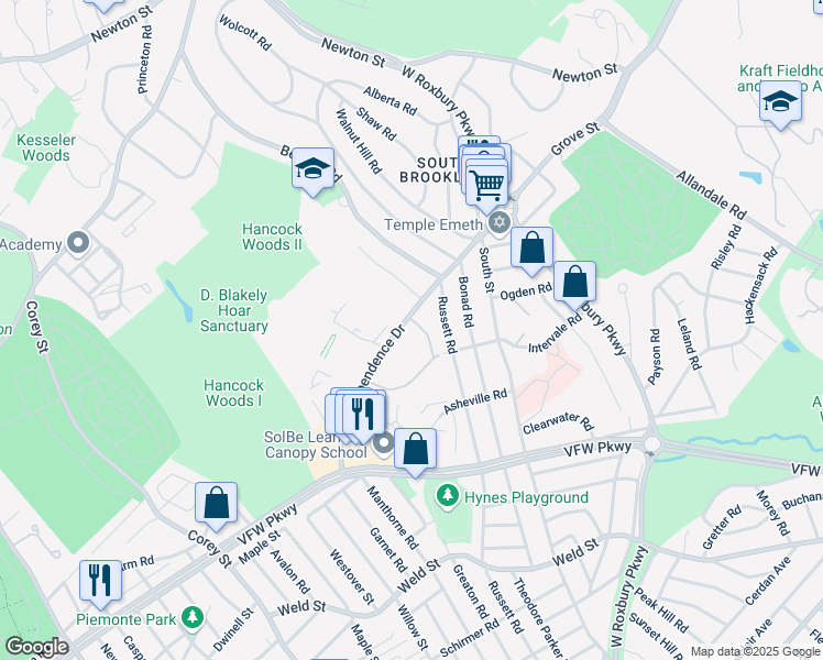 map of restaurants, bars, coffee shops, grocery stores, and more near in Brookline