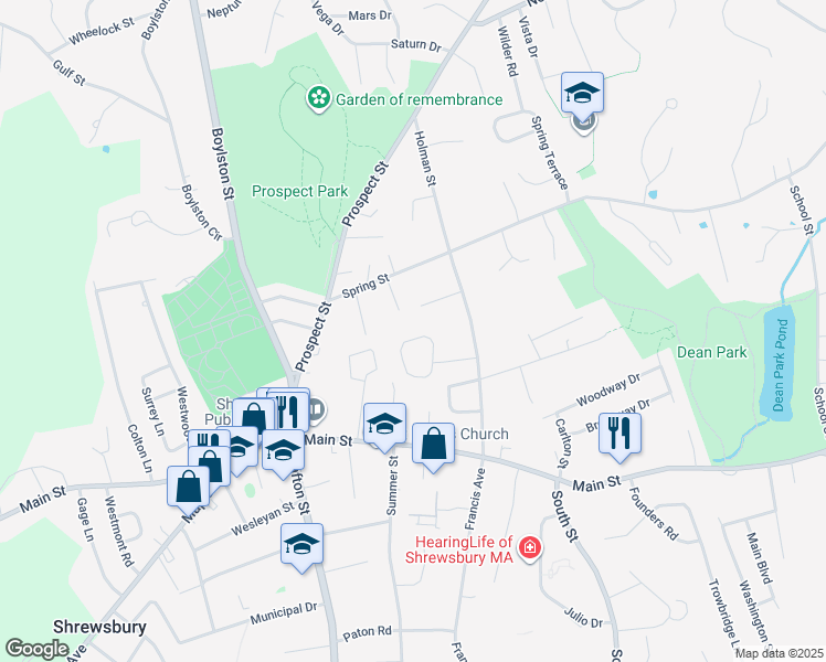 map of restaurants, bars, coffee shops, grocery stores, and more near 10 Ruthen Circle in Shrewsbury