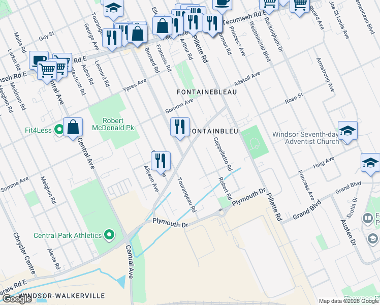 map of restaurants, bars, coffee shops, grocery stores, and more near 4263 Grand Marais Road East in Windsor