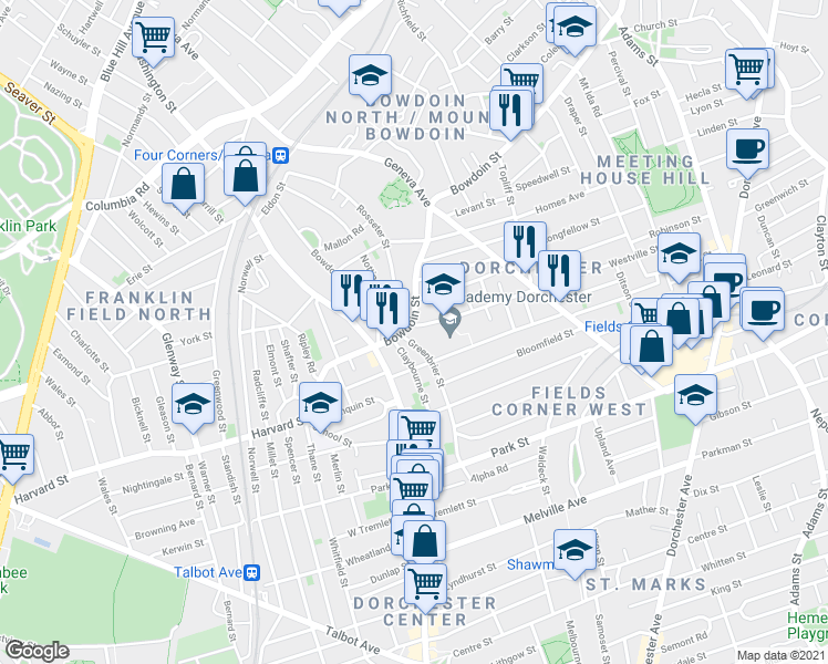 map of restaurants, bars, coffee shops, grocery stores, and more near 29 Westville Street in Boston