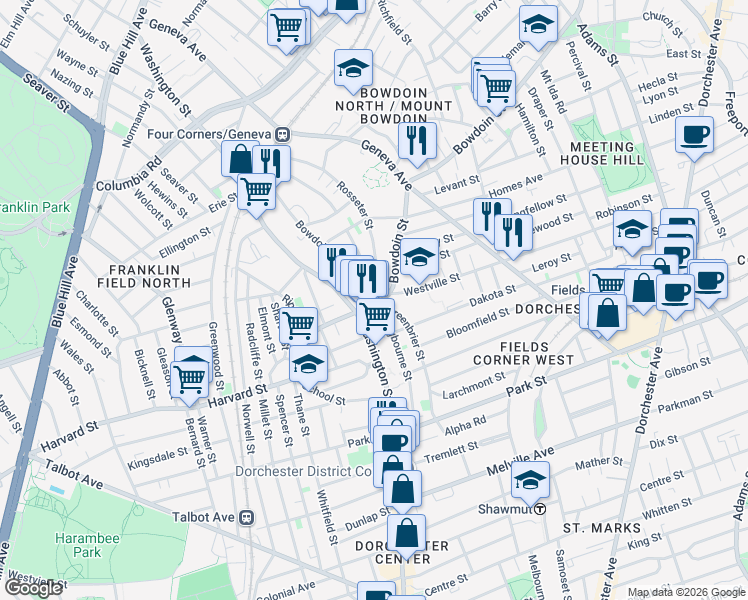 map of restaurants, bars, coffee shops, grocery stores, and more near 22 Bowdoin Avenue in Boston