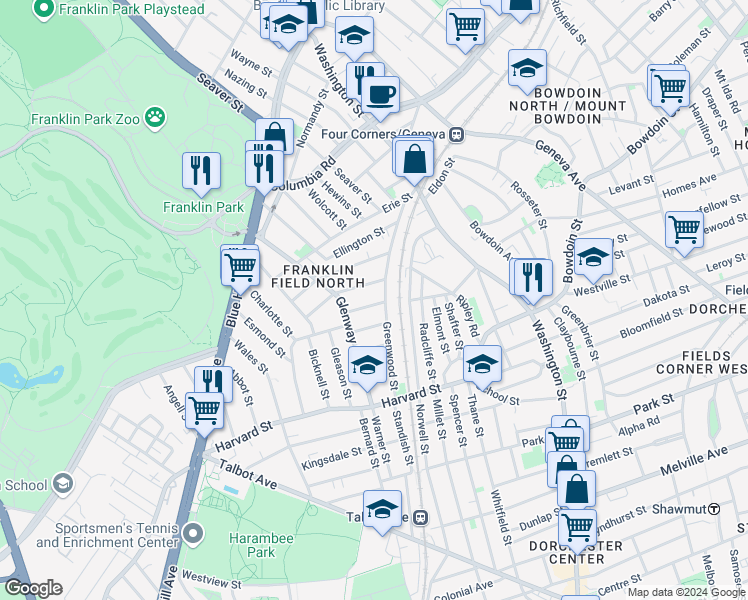 map of restaurants, bars, coffee shops, grocery stores, and more near 32 Harlem Street in Boston