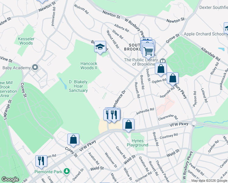 map of restaurants, bars, coffee shops, grocery stores, and more near 54 Gerry Road in Brookline
