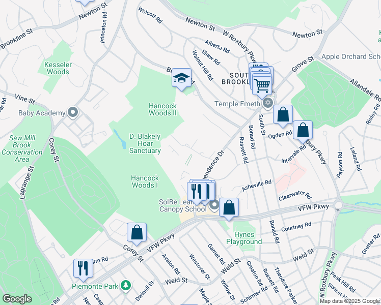 map of restaurants, bars, coffee shops, grocery stores, and more near 53 Gerry Road in Brookline