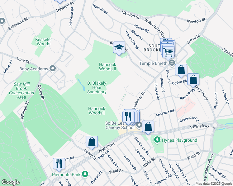 map of restaurants, bars, coffee shops, grocery stores, and more near 53 Gerry Road in Brookline