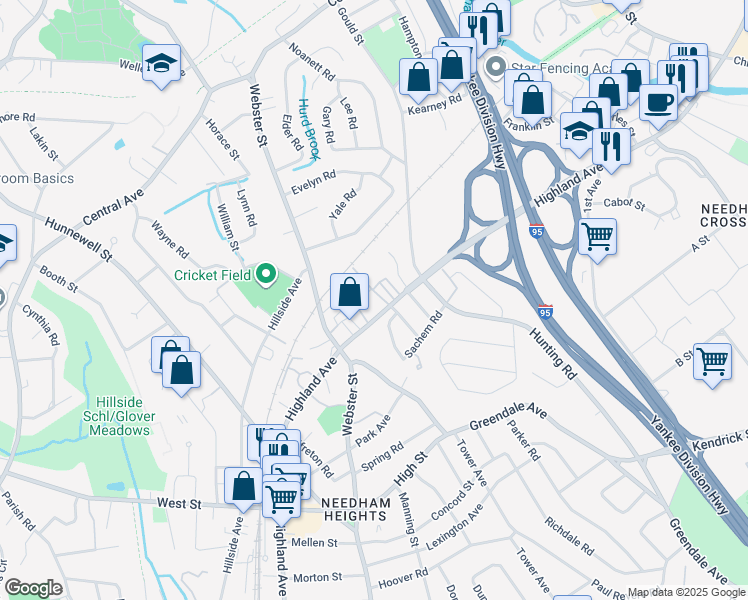 map of restaurants, bars, coffee shops, grocery stores, and more near 619 Highland Avenue in Needham