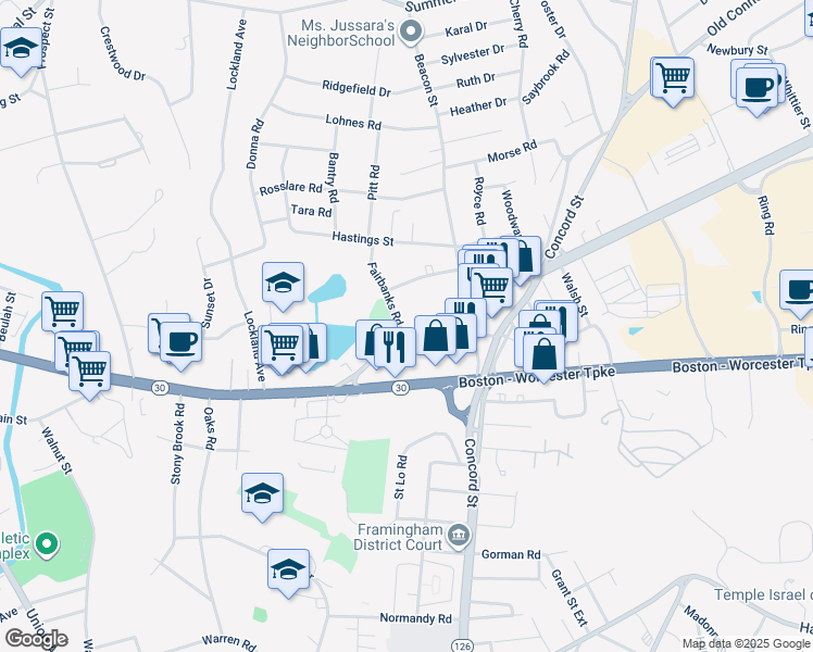 map of restaurants, bars, coffee shops, grocery stores, and more near 5 Fairbanks Road in Framingham