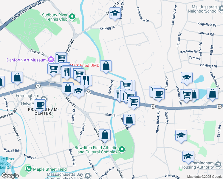 map of restaurants, bars, coffee shops, grocery stores, and more near 43 Beulah Street in Framingham