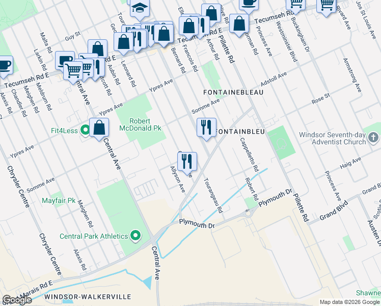 map of restaurants, bars, coffee shops, grocery stores, and more near in Windsor
