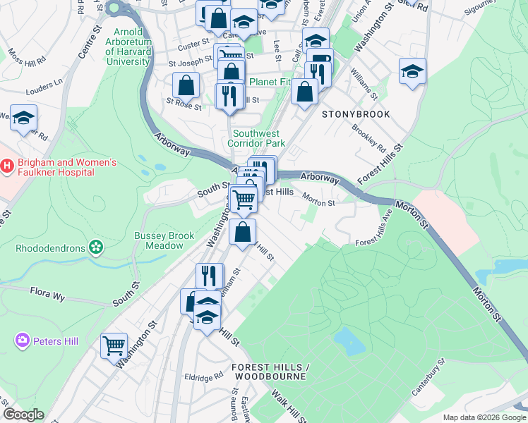 map of restaurants, bars, coffee shops, grocery stores, and more near 18 Tower Street in Boston