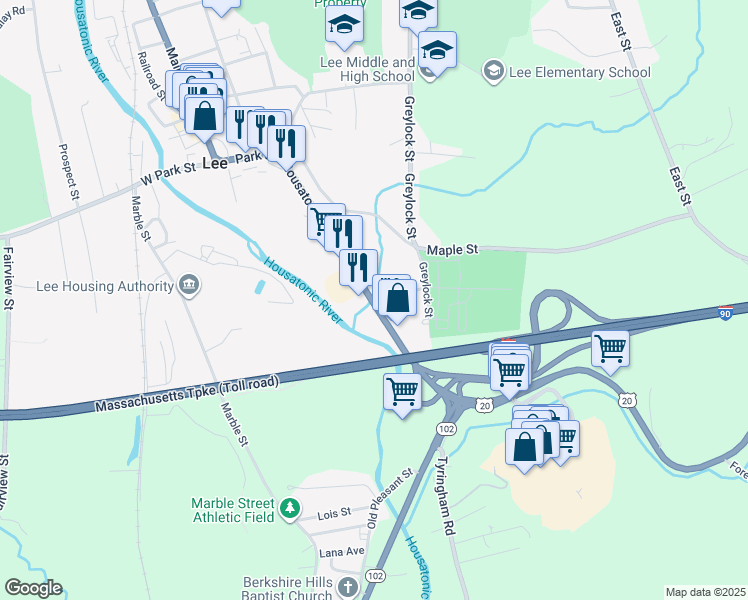 map of restaurants, bars, coffee shops, grocery stores, and more near 54 Fuller St in Lee