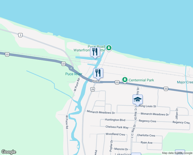 map of restaurants, bars, coffee shops, grocery stores, and more near 182 East Puce Road in Belle River