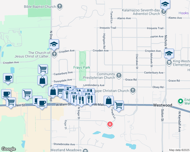 map of restaurants, bars, coffee shops, grocery stores, and more near 822 Stafford Road in Kalamazoo