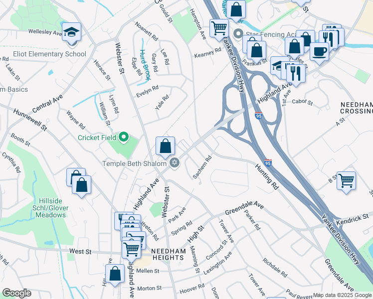 map of restaurants, bars, coffee shops, grocery stores, and more near 619 Highland Avenue in Needham
