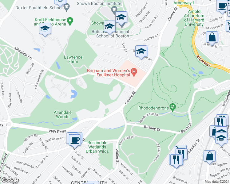 map of restaurants, bars, coffee shops, grocery stores, and more near 44 Allandale Street in Boston