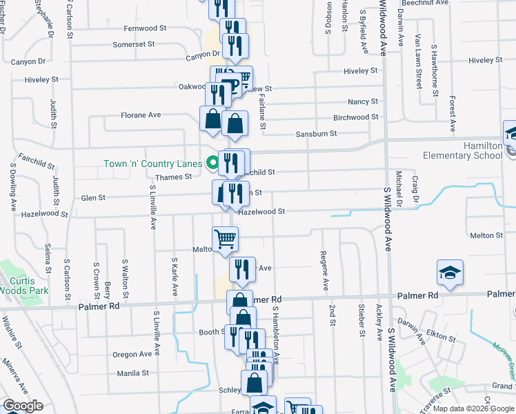 map of restaurants, bars, coffee shops, grocery stores, and more near 35250 Hazelwood Street in Westland