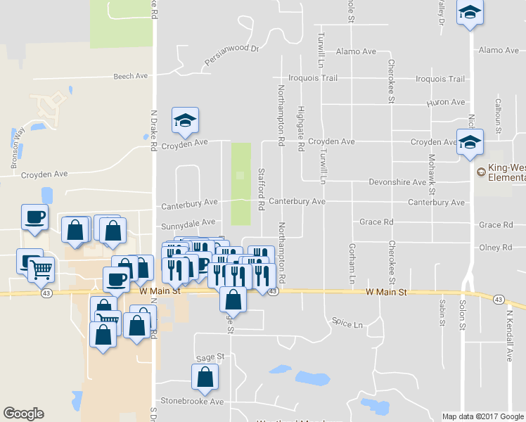 map of restaurants, bars, coffee shops, grocery stores, and more near 822 Stafford Road in Kalamazoo