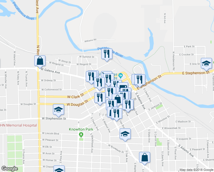 map of restaurants, bars, coffee shops, grocery stores, and more near 50 West Douglas Street in Freeport