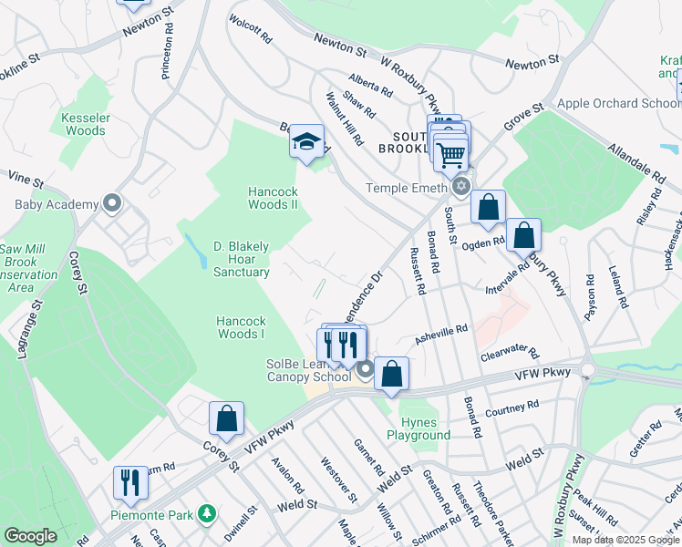 map of restaurants, bars, coffee shops, grocery stores, and more near 17 Sherman Road in Brookline