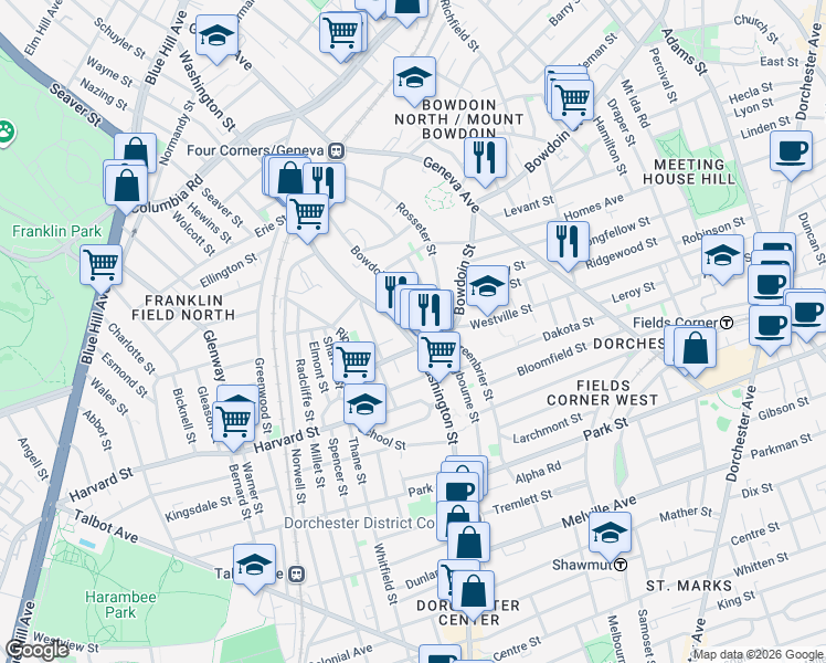 map of restaurants, bars, coffee shops, grocery stores, and more near 330-332A Washington Street in Boston
