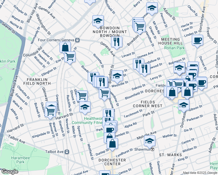 map of restaurants, bars, coffee shops, grocery stores, and more near 27 Bowdoin Street in Boston