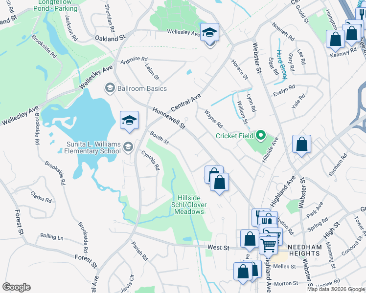map of restaurants, bars, coffee shops, grocery stores, and more near 70 Booth Street in Needham Heights