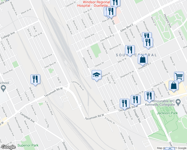 map of restaurants, bars, coffee shops, grocery stores, and more near 1412 Janette Avenue in Windsor