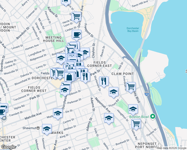 map of restaurants, bars, coffee shops, grocery stores, and more near 70 Park Street in Boston