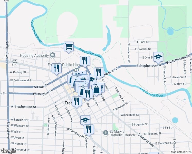 map of restaurants, bars, coffee shops, grocery stores, and more near 216 East Stephenson Street in Freeport
